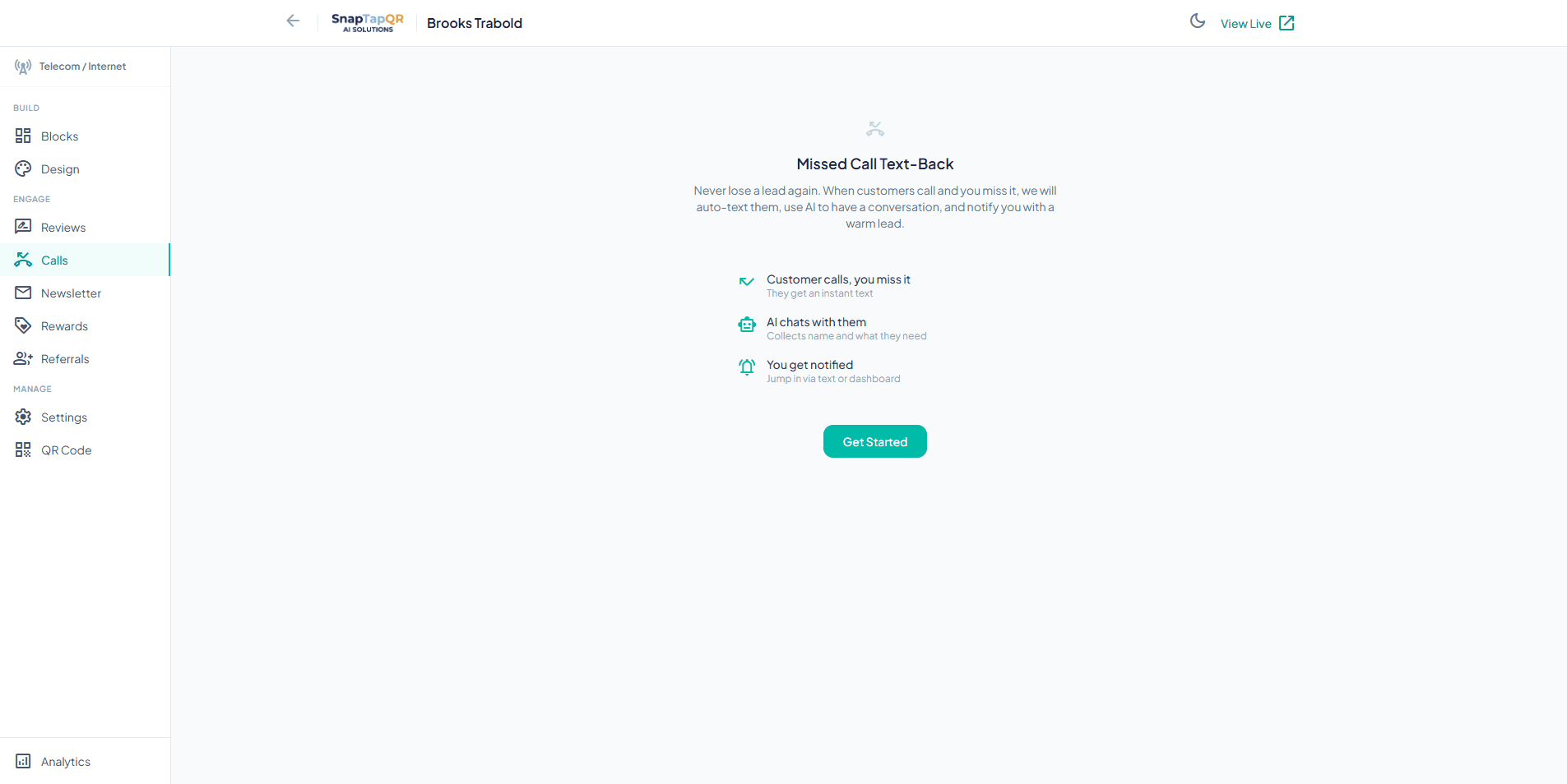 Missed Call Text-Back - SnapTapQR dashboard screenshot