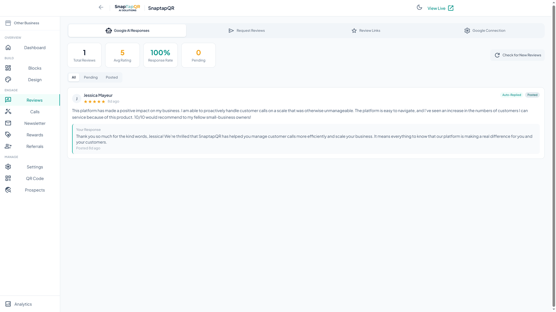 Google Review Management - SnapTapQR dashboard screenshot